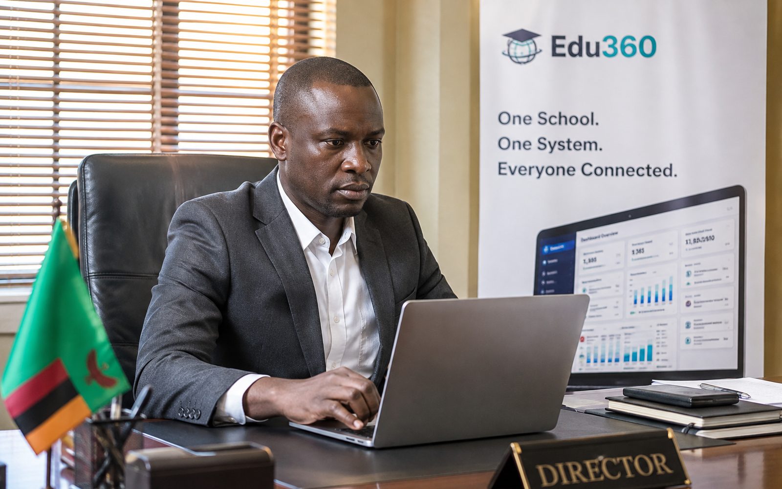 A school Director using Edu360 on a laptop in their office.